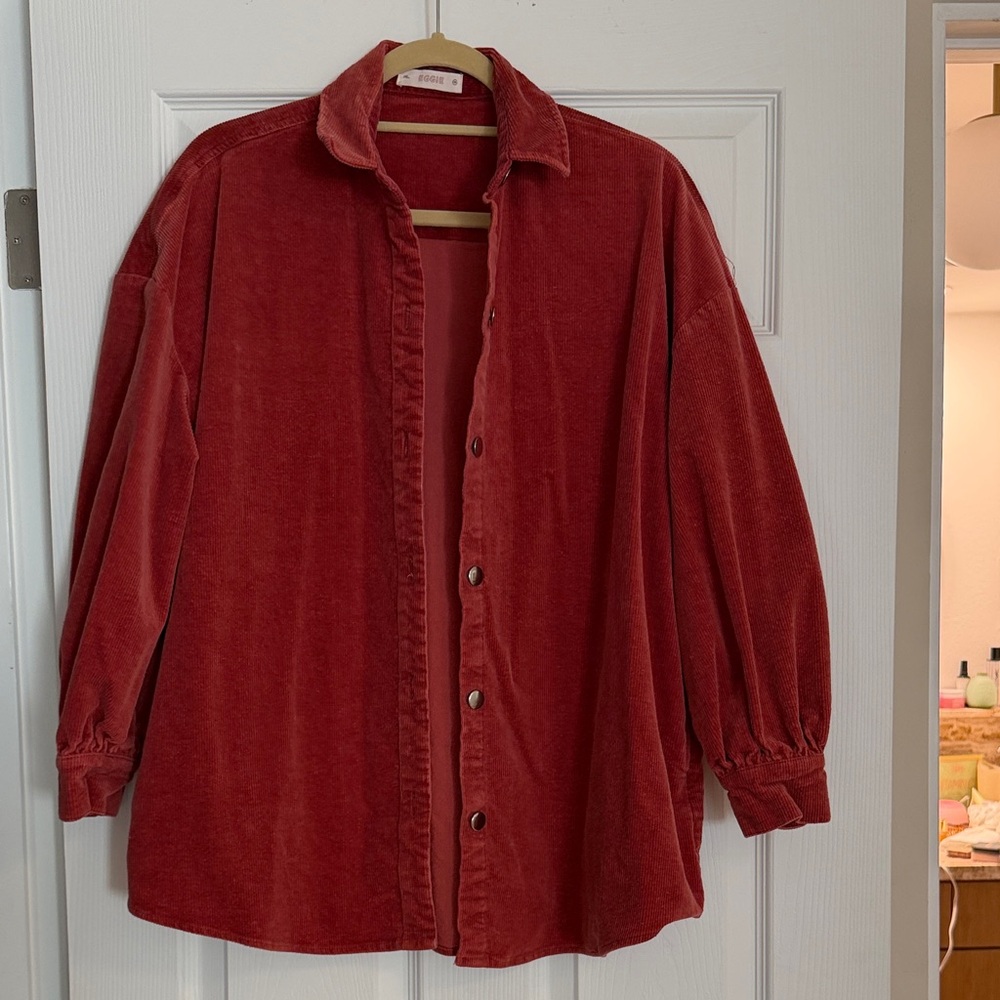 Women's Red Corduroy Button Down Shirt Jacket (Shaket)